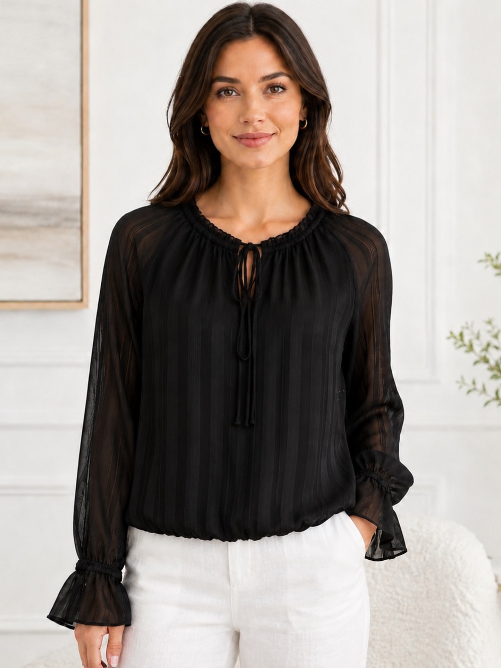 Adrianna Papell Black Sheer Ruffle Tie Neck Blouse Small NWT